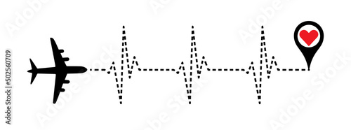 Heart rhythm, heartbeat line vector design with red heart and airplane. Medical design to use in healthcare, healthy lifestyle, medicine and ekg concept illustration projects.
