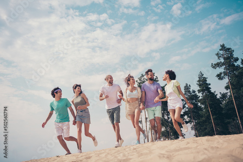 Photo of sporty active inspired cheerful friends people walk wear casual outfit nature summer seaside beach
