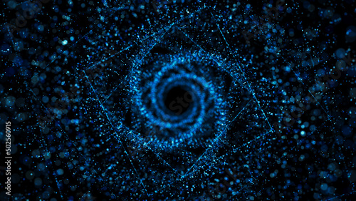 Abstract background with the movement of particles. Cyber tunnel. Moving glowing points. Futuristic infinite space background. Abstract 3d portal.