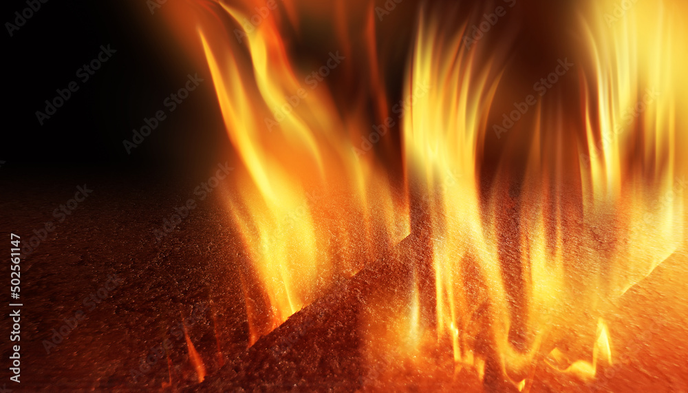 Dark abstract fire background. Flames in close-up on the background of a concrete surface. 3d illustration Dark abstract fire background. Flames in close-up on the background of a concrete surface. 3d illustration
