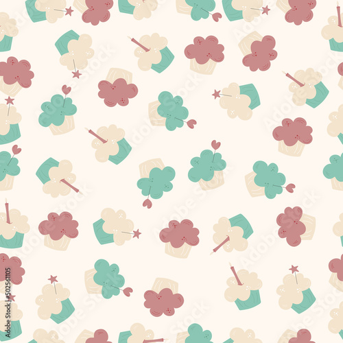 Seamless cupcake pattern in light colors. Food
