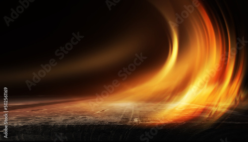 Fototapeta Naklejka Na Ścianę i Meble -  Dark abstract background with fire. The wooden table top is on fire. Blurred flames, sparks. 3d illustration