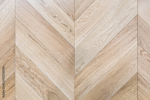 Top view of an french herringbone parquet floor under natural light. Wooden pattern with oak diagonal texture.