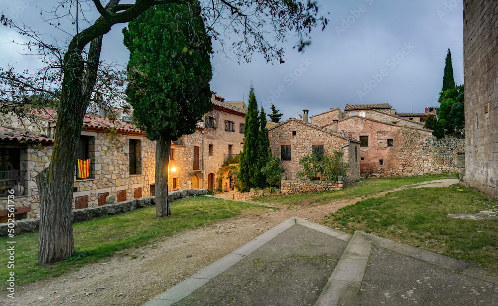 Stone houses of the beautiful town of Siurana at dusk, Province of Tarragona 