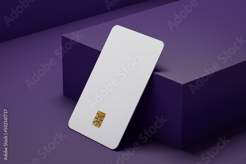 Credit card mockup on lilac background.