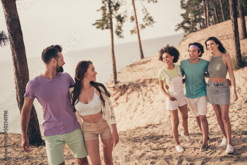 Photo of positive five friends gathering enjoy stroll talk cuddle wear casual clothes nature summer seaside beach © deagreez