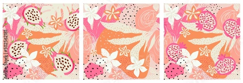 Modern exotic design. A set of abstract, hand drawn patterns. Pomegranate, pitahaya, exotic leaves and flowers.
Seamless pattern set.