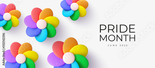 3d flowers with Rainbow colors. LGBT Pride Month vector background. 