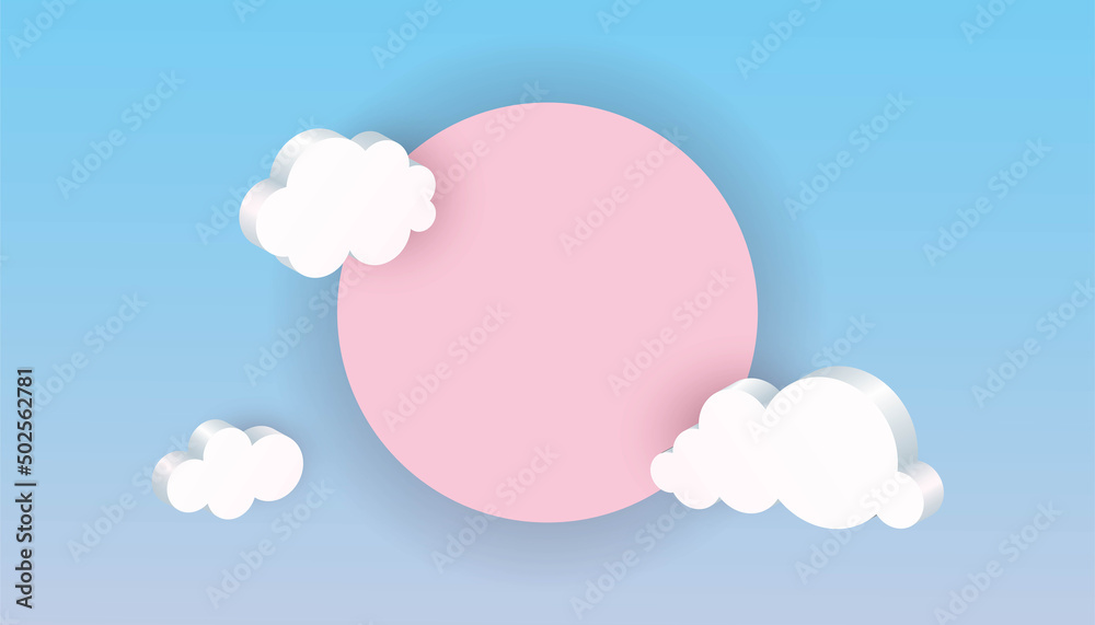 3D round frame and clouds. White geometric shapes in blue sky, web internet symbol, meteorology climate, decorative backdrop, horizontal poster or banner with copy space, vector isolated background