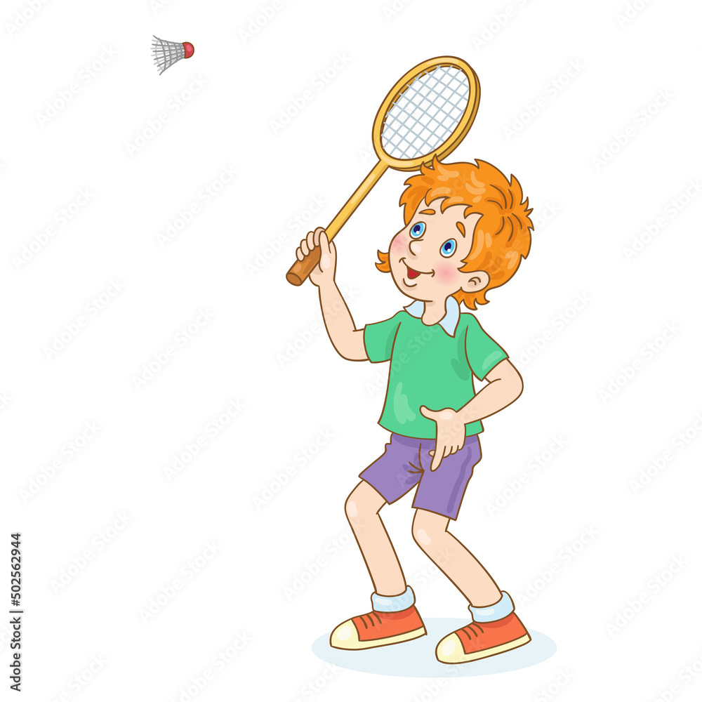 Funny boy plays badminton. In cartoon style. Isolated on white background. Vector illustration