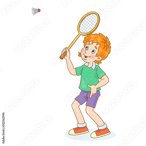 Funny boy plays badminton. In cartoon style. Isolated on white background. Vector illustration