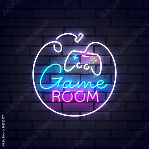 Game neon sign, bright signboard, light banner. Game Room logo neon, emblem. Vector illustration