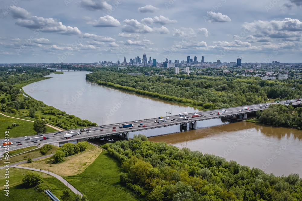 Drone aerial photo of Bridge of General Stefan Grot Rowecki in Warsaw city, Poland