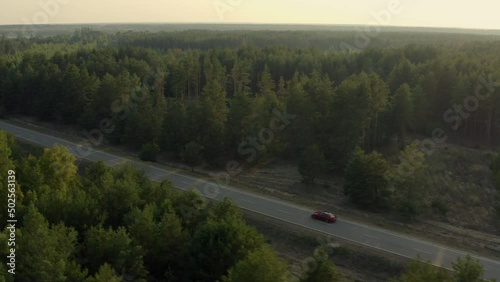 4k aerial footage a red car drives along an asphalt road between a green pine forest in the rays of the sun. High quality 