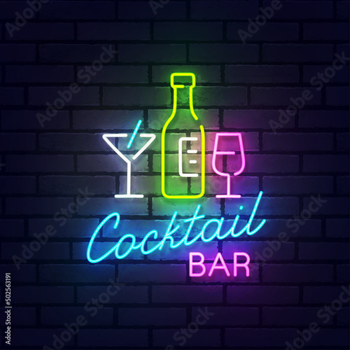 Cocktail neon sign, bright signboard, light banner. Cocktail Bar logo neon, emblem. Vector illustration