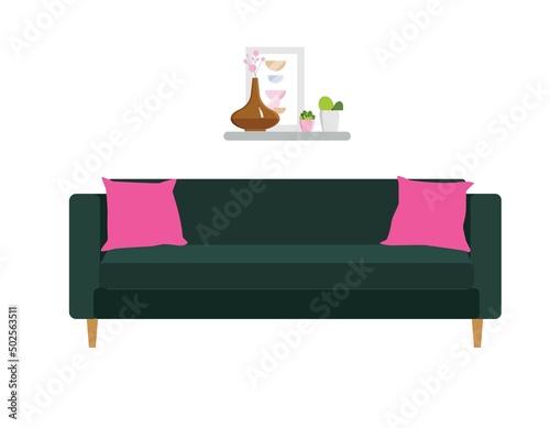 Emerald green sofa with pillows, front view. Furniture element for interior design. Vector illustration in flat style isolated on white background