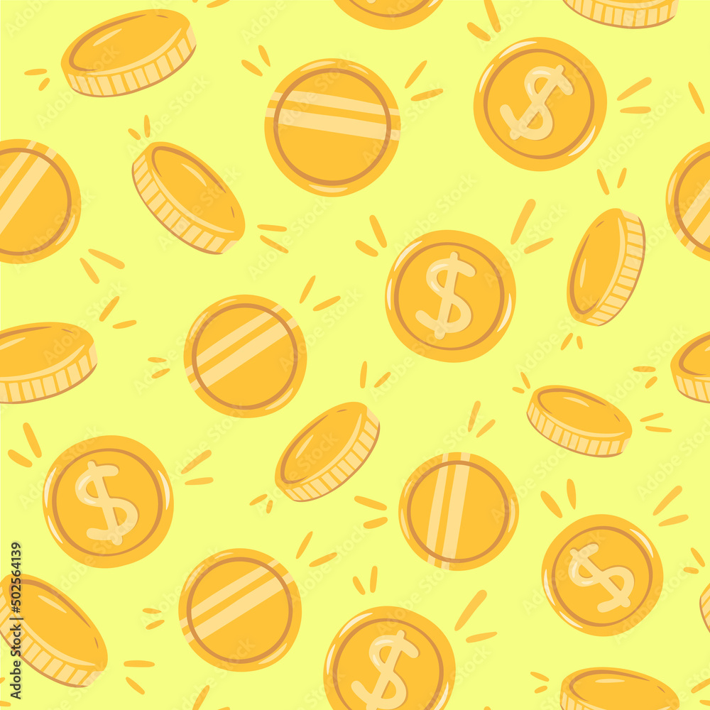 Seamless pattern with golden falling coins on light yellow background. The concept of success, wealth and good luck
