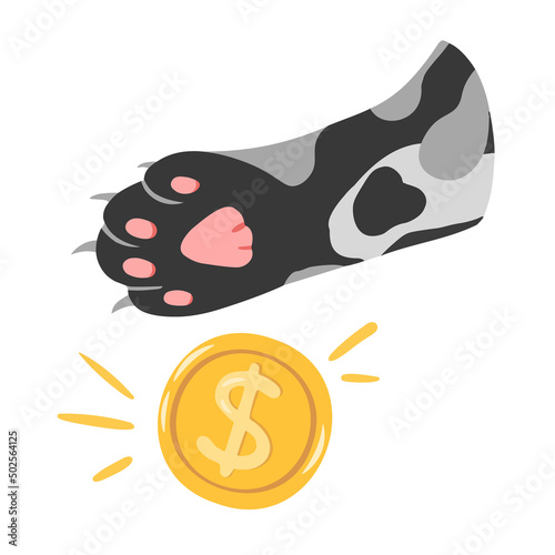 Cute cat paw with golden dollar coin. The concept of wealth, financial assistance and money savings. 
