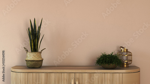 Interior wall mockup in minimalist style with light biege wooden console or sideboard, with golden pot plant and a wicker basket on empty beige background. Close up view, Illustration, 3d rendering photo