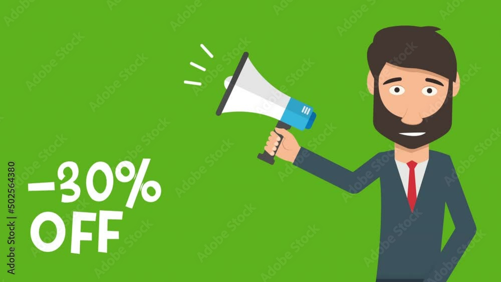 - cartoon bussines man hold megaphone and text animation.4K motion animation.green background