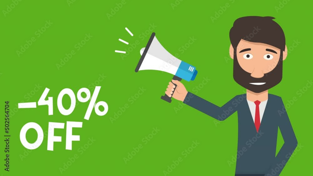 -40% off - cartoon bussines man hold megaphone and text animation.4K motion animation.green background -40% off - cartoon bussines man hold megaphone and text animation.4K motion animation.green background