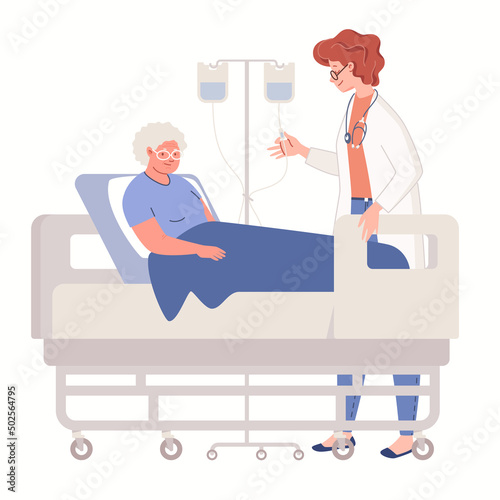 Doctor puts intravenous drip on sick elderly woman lying on hospital bed. Concept of healthcare and medicine. Vector characters flat cartoon illustration.