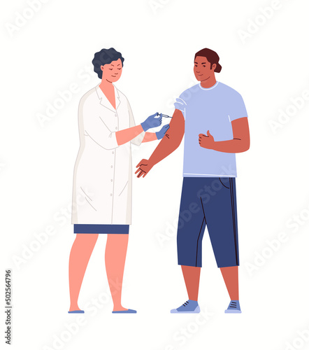 Nurse or doctor in latex gloves inoculates person. Concept of vaccination. Vector illustration. Flat cartoon characters. 