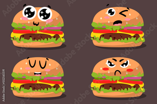 Cartoon drawing set of fast food emoji. Beef Burger icon with kawaii eyes. Vector Fast food illustration flat icon juicy delicious hamburger isolated. Hand drawn emotional meal 