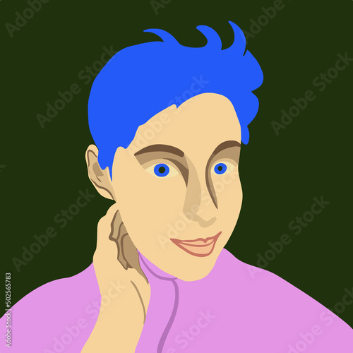 Vector illustration of a portrait of a young woman with short blue hair.