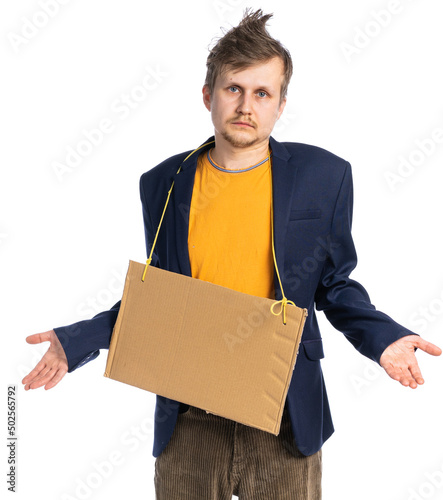 a shaggy man in torn clothes and a jacket with a sign around his neck. place for an inscription. money appeared. donation