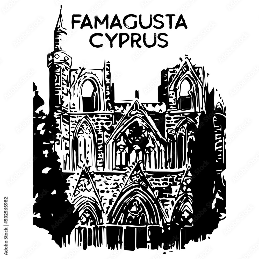 Line drawing of st. Nicolas cathedral, Famagusta, Cyprus.