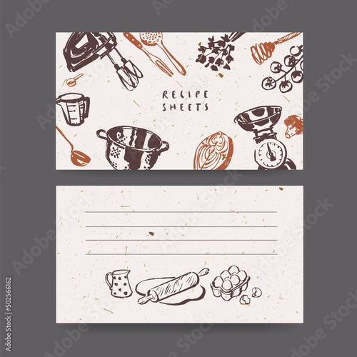 Blank sticker pages for making notes about meal preparation and cooking ingredients. Recipe sheets decorated with kitchen utensils and vegetable drawings