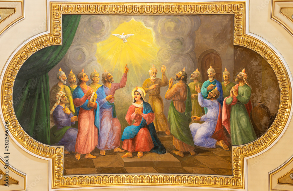 VALENCIA, SPAIN - FEBRUAR 17, 2022: The fresco of Pentecost in the church Iglesia del Santo Angel Custodio from . Stock Photo | Adobe Stock VALENCIA, SPAIN - FEBRUAR 17, 2022: The fresco of Pentecost in the church Iglesia del Santo Angel Custodio from . Stock Photo | Adobe Stock