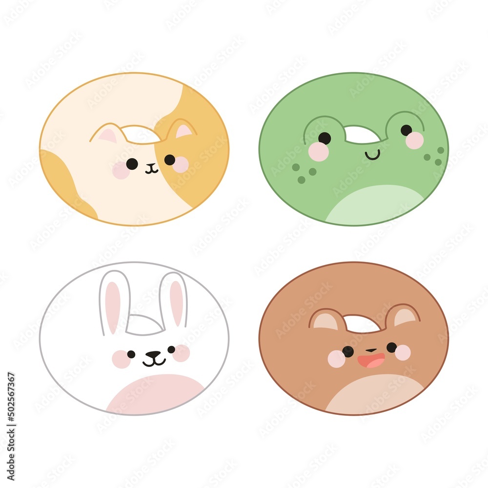 Set of four cute donuts in kawaii style. Cat, bear, rabbit, frog. Set of four cute donuts in kawaii style. Cat, bear, rabbit, frog.