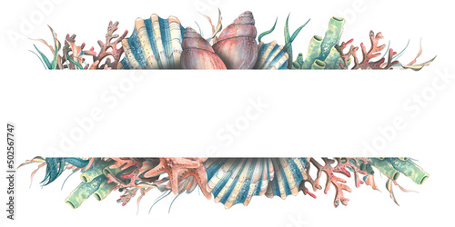 Fotografering Watercolor illustration of a horizontal banner with shells, corals, seahorse, starfish, algae