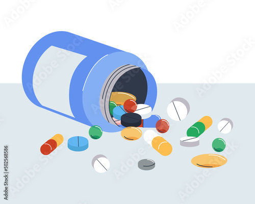 Various pills and vitamins spilled out of the jar. Flat vector illustration. Eps10