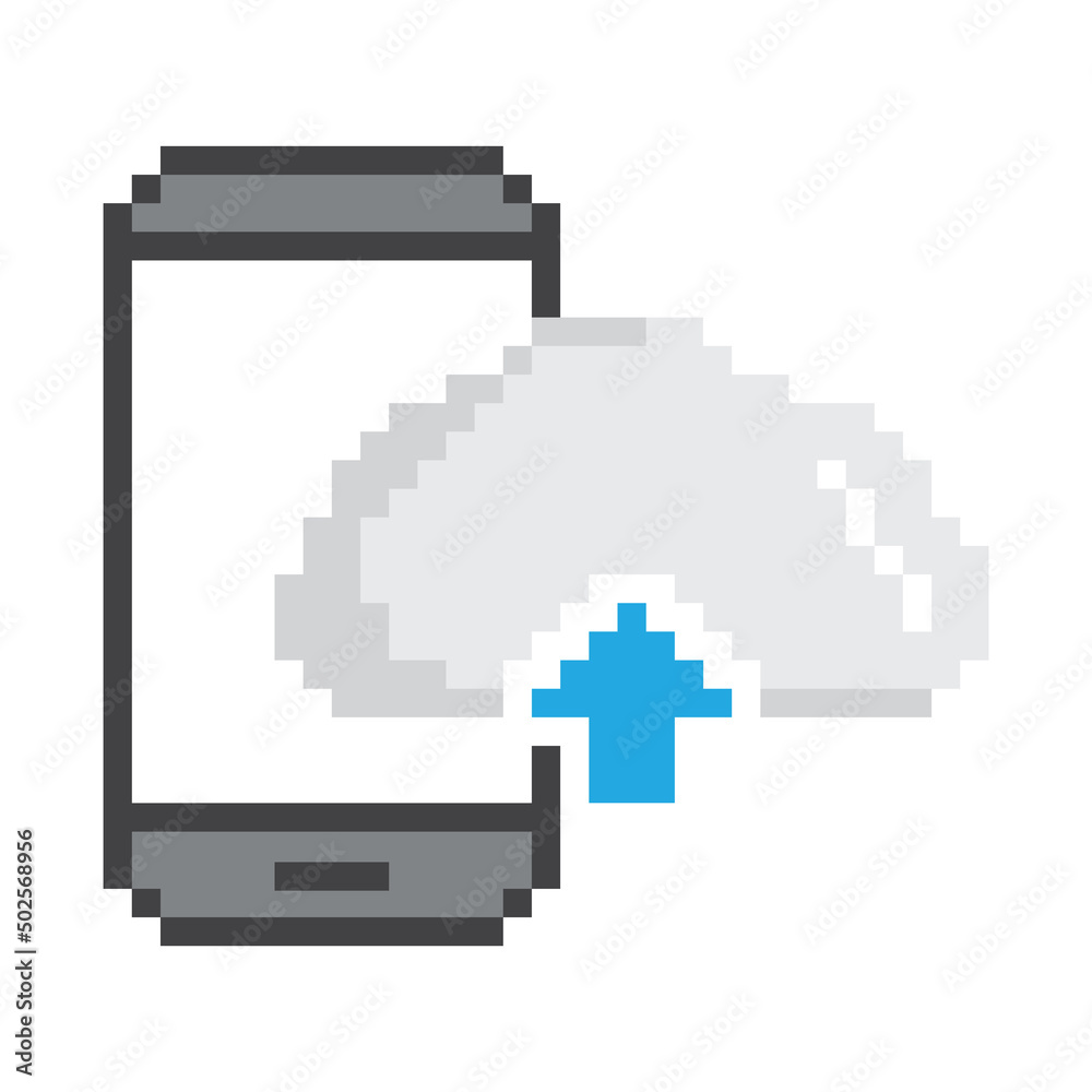 pixel art Mobile phone icon. pixel mobile phone with upload and download icon. Cloud upload  vector game 8 bit 
