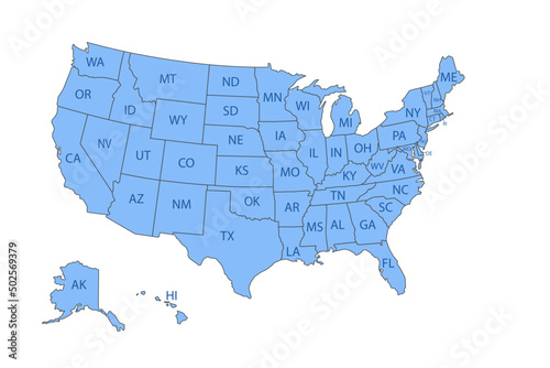 Map of the United States with vector to be used in infographics. States can be colored to show info. All layers are alphabetic order. State abbreviations are on a separate layer for quick turn on off.