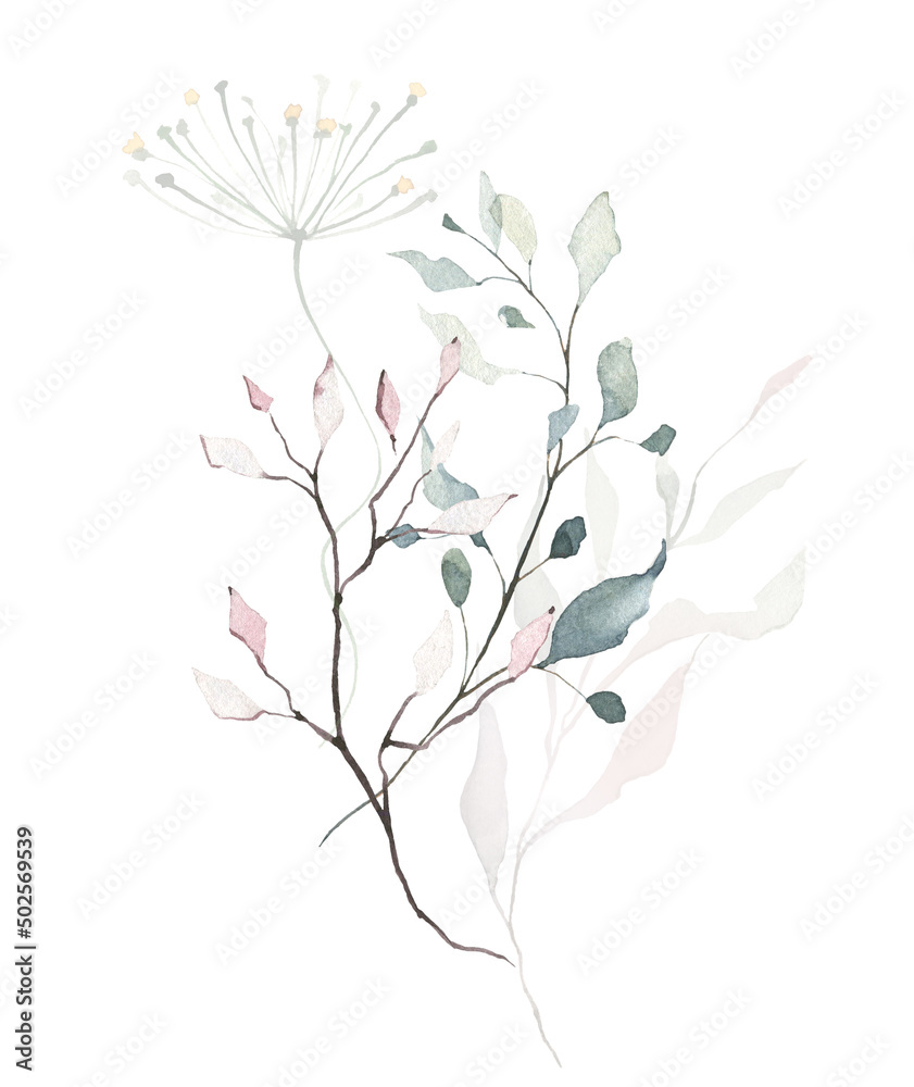 Watercolor bouquet. Wild garden flower, branches, leaves, twigs. Pink and blue flowers. Hand drawn floral illustration
