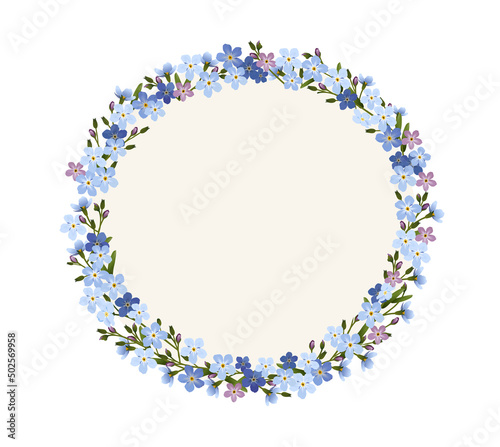 Blumen Kranz mit Vergissmeinnicht,
Vektor Illustration isoliert auf weißem Hintergrund 
