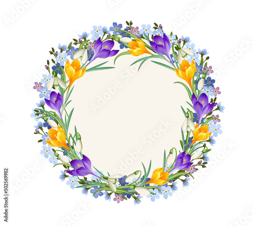 Blumen Kranz, mit gelbe und lila Krokusse, Schneeglöckchen und  Vergissmeinnicht,
Vektor Illustration isoliert auf weißem Hintergrund 
