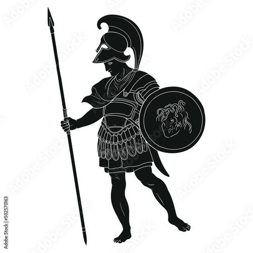 Ancient Greek warrior with a spears and shields in their hands. Figure isolated on white background.