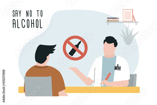 Male alcoholic at doctor. Depressed man addicted to alcohol drinking. Medical help and health care. Sad guy have alcohol and drug addiction