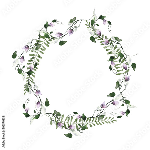 Watercolor painted floral wreath on white background. Green wild branches, leaves, violet mouse peas flowers
