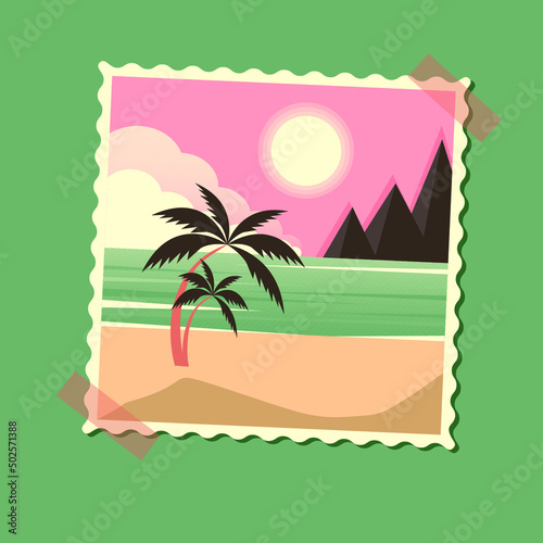 Tropical resort poster vintage in frame. Beach, palms, ocean. retro style illustration vector. summer landscape in retro photo frame is taped to the wall. outdoor recreation. holiday souvenirs