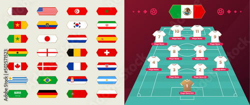 Set of national teams flag and line-up Qatar world cup Football 2022 tournament final stage vector illustration. Country team lineup table and Team Formation on Football Field. Vector country flags.
