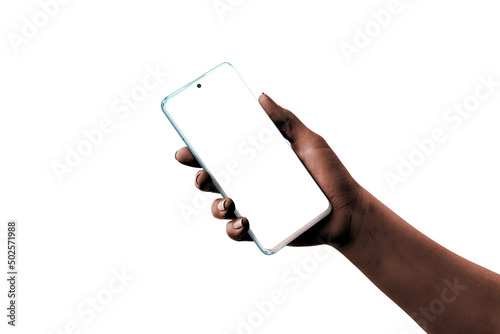 Hand showing white perla modern smart phone with isolated screen and background for mockup, app design presentation. Low light, dark skin hand