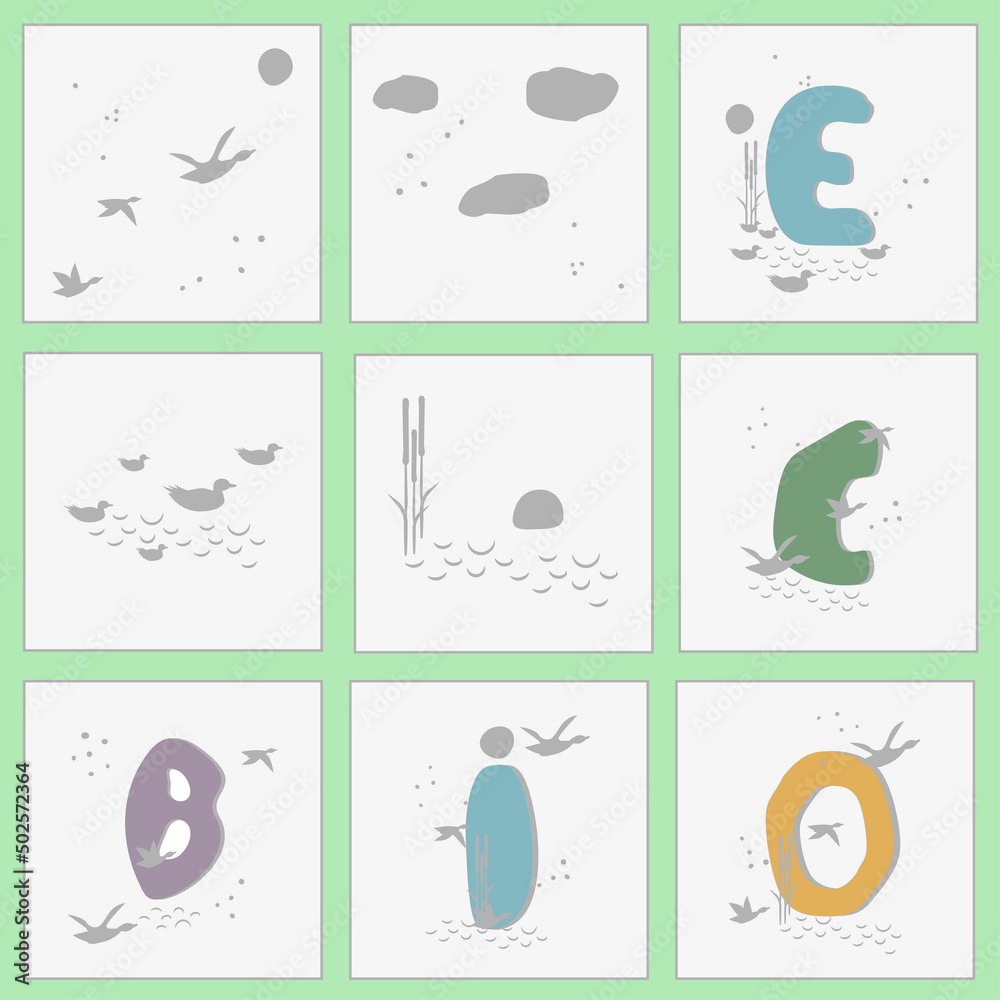Set of organic eco and bio labels. Hand drawn font, nature elements, moon, birds, water in pastel colors. Vector illustrations for stickers, advertisements, posters.