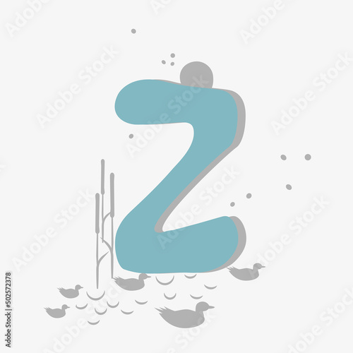 Minimalistic pattern in an oriental style in form of letter Z. Flock of birds, ducks flying, reeds growing by lake. Abstract objects, spots, points, shadows. Vector illustration, for logo design