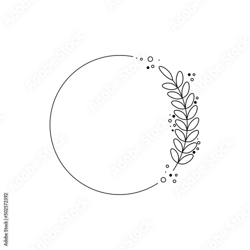 Floral round frame, wreath twig in outline and blot style on white background. Vector illustration for the design of banners, invitations, congratulations, advertising.